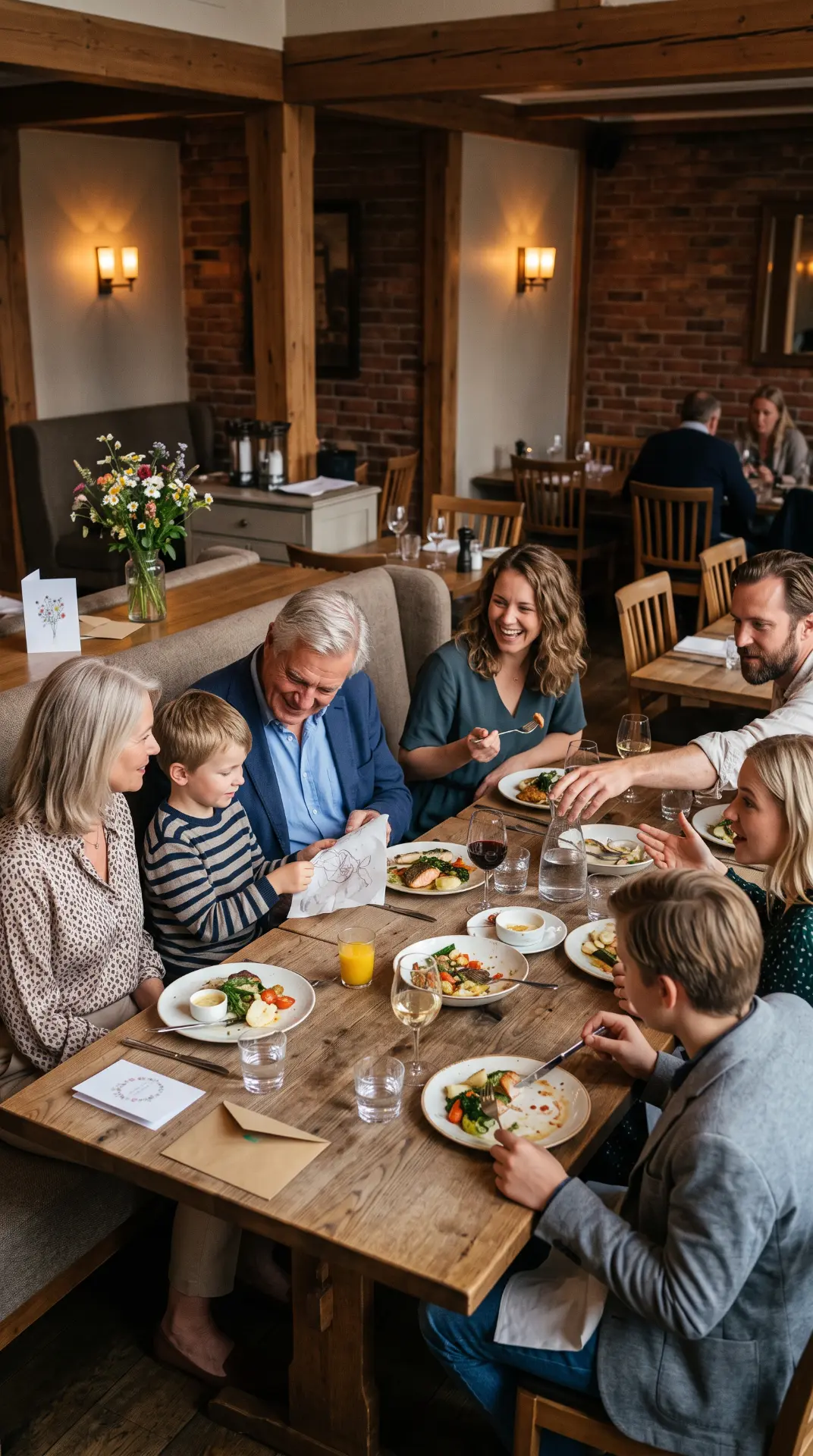 En familie samles rundt et restaurantbord mens en eldre mann ser på en tegning fra et barn