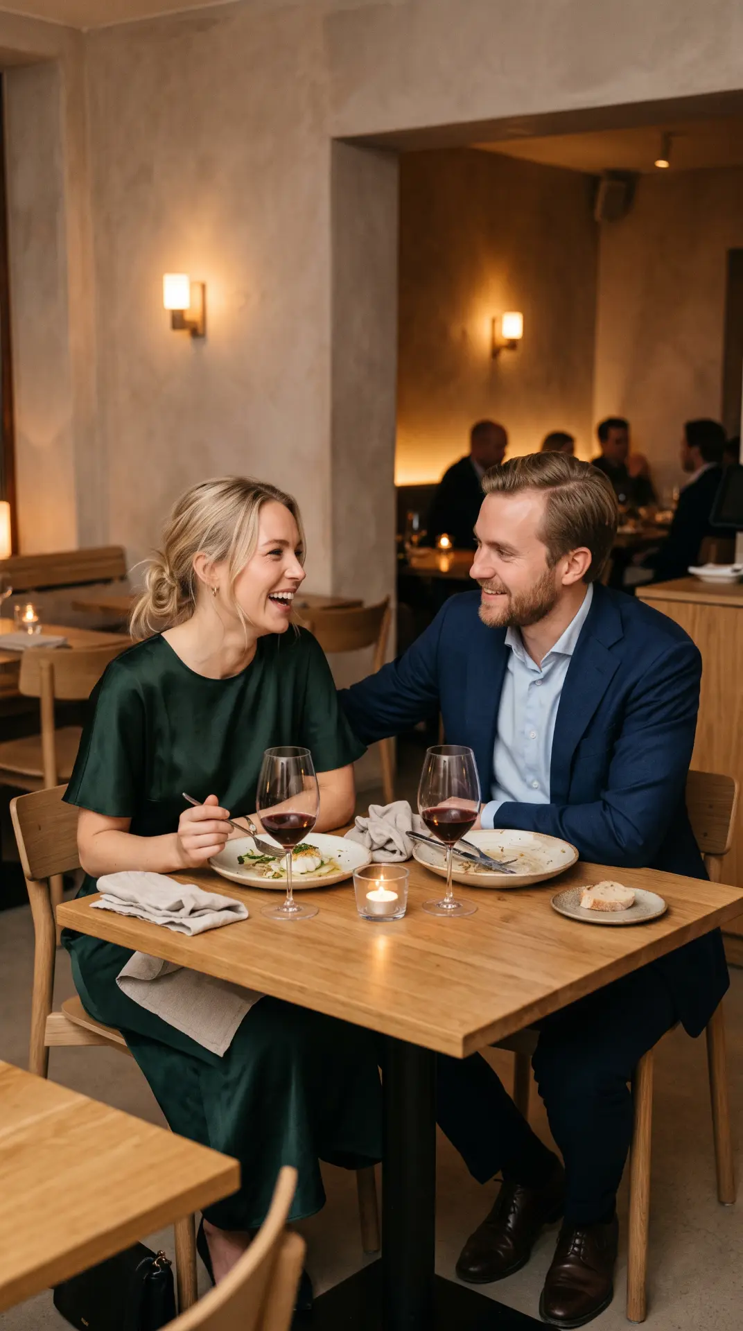 To gjester smiler til hverandre over en middag på restaurant